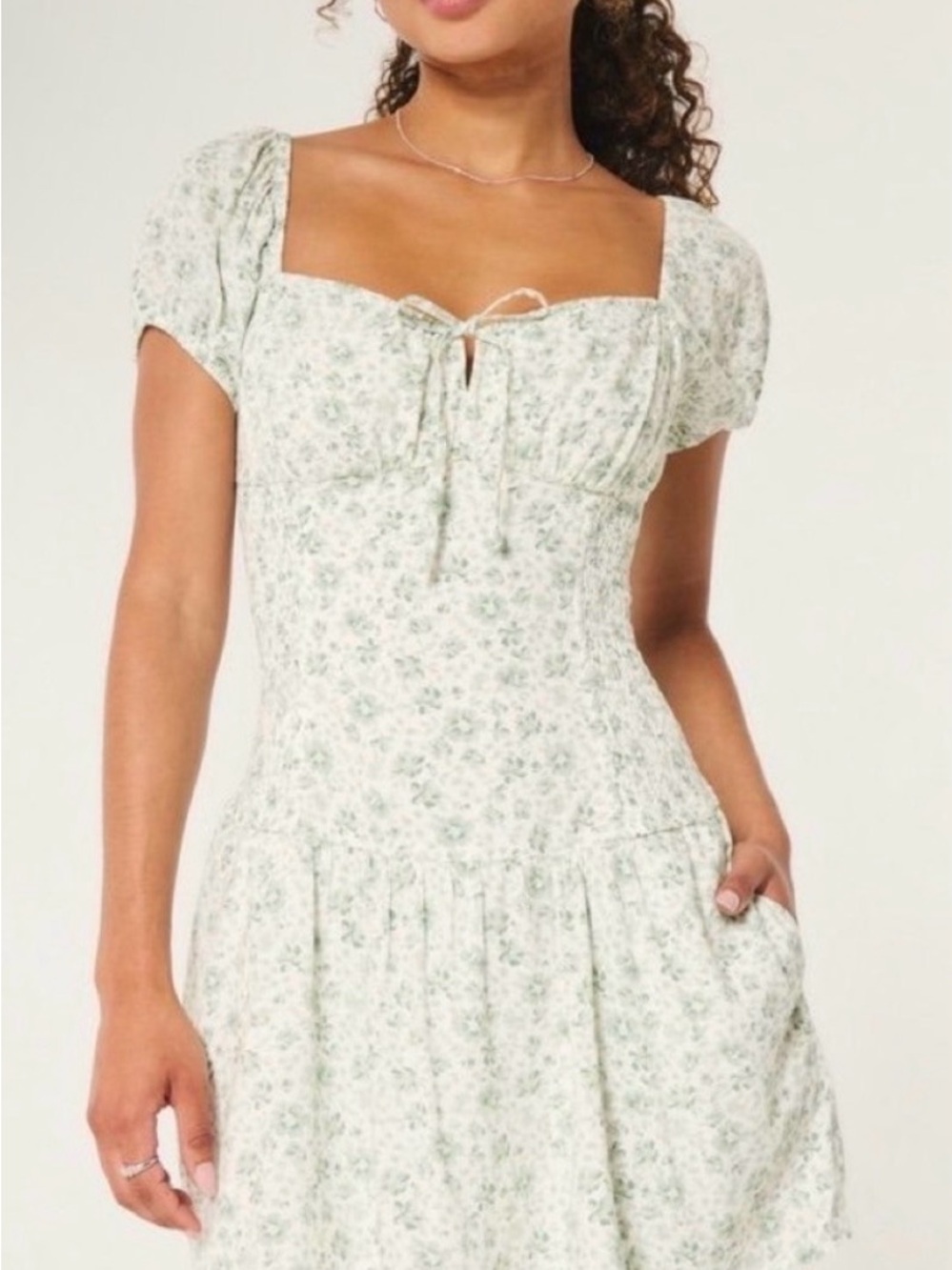 Floral Smocked Mini Skort Dress in Light Green and White